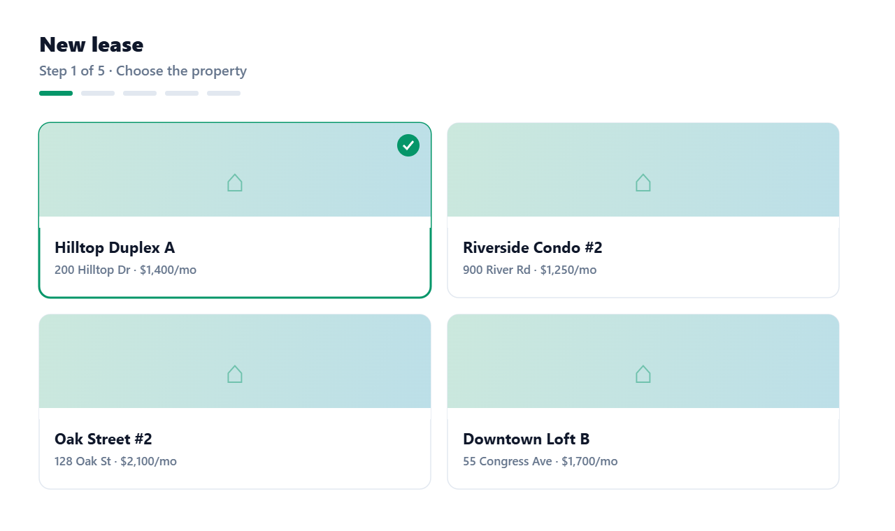 The New Lease wizard's first step: choosing a property and adding the renter(s).