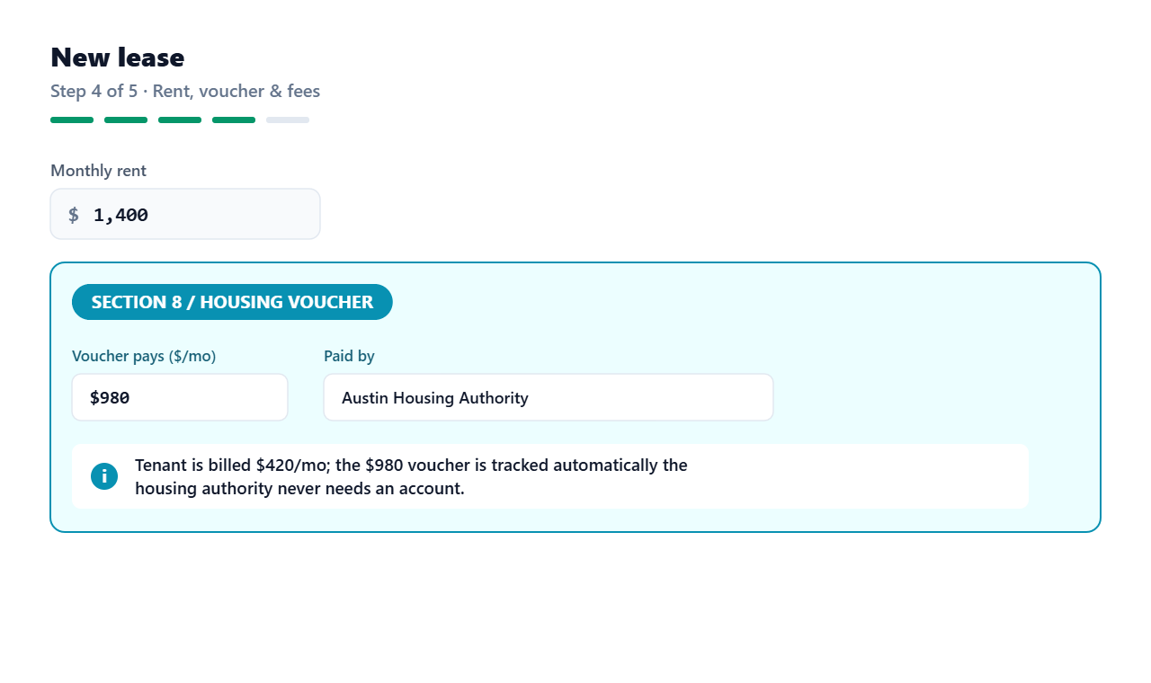 The rent & fees step showing the monthly rent, security deposit, and optional fees.