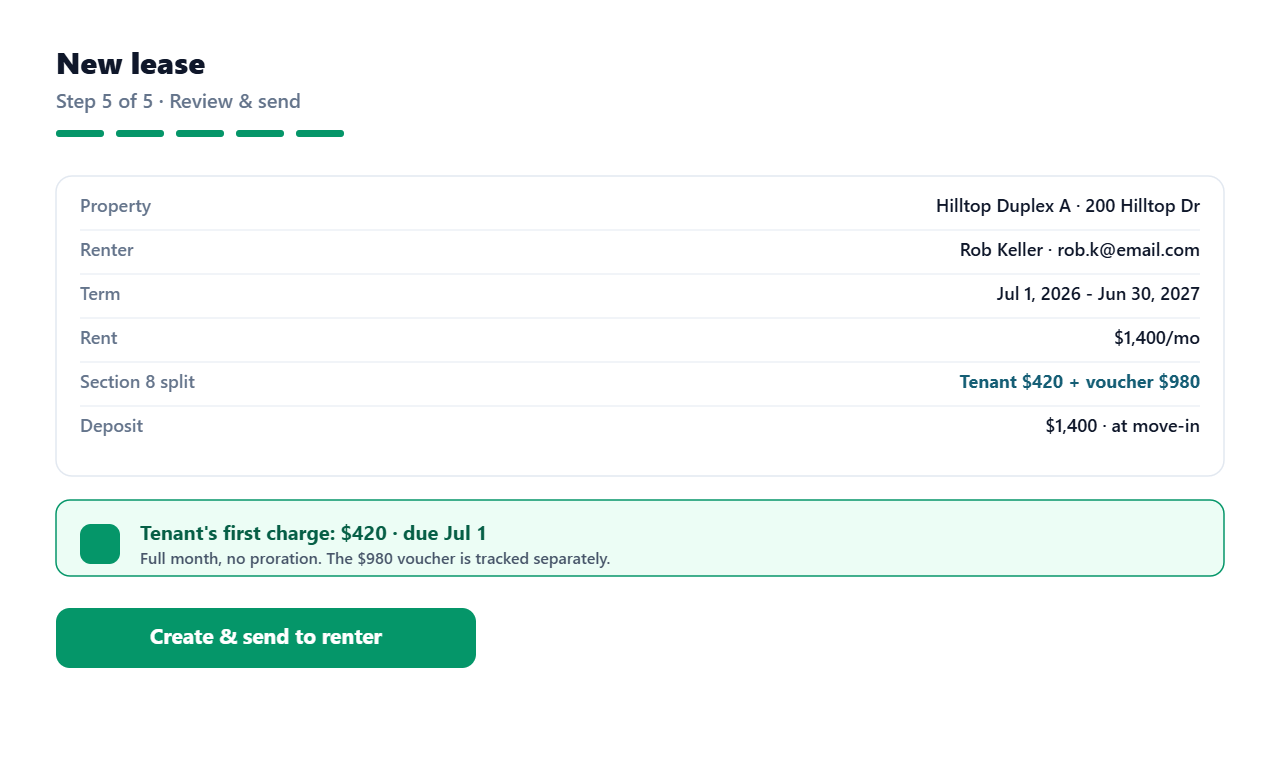 The lease detail view with Renew / Manage options for changing terms or ending the lease.